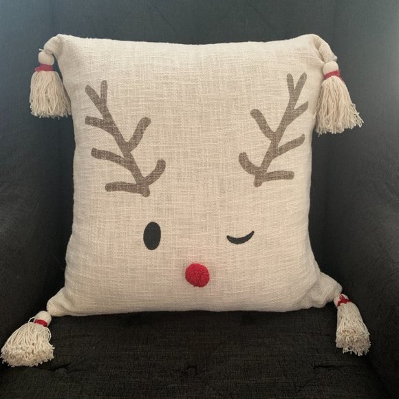 CLEARANCE! NWT / Reindeer Winking Throw Pillow, 20"x20", Cotton - Picture 2 of 6